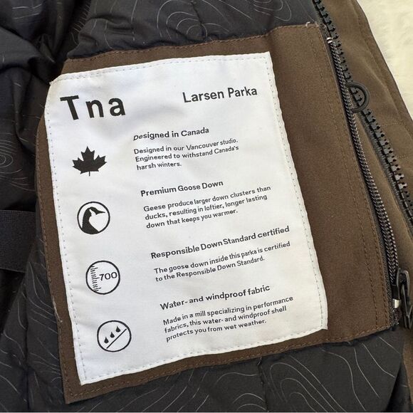 Aritzia TNA Goose Down Waterproof Windproof Fur Hood Jacket XS - Olive Brown - Picture 4 of 8